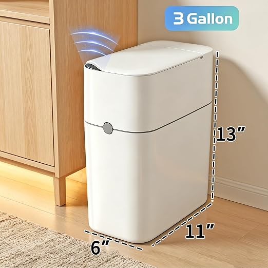 Motion Sensor Bathroom Trash Can, Automatic Touchless Smart Garbage Bin with Lid, 3 Gallon Slim Small Bin with Auto Bag Adsorption for Kitchen, Bedroom, Office, Restroom,Living Room