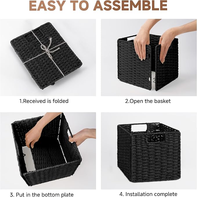StorageWorks 9 inch Cube Storage Bins, Wicker Storage Cubes, Black Basket | 2-Pack, Handwoven Wicker Basket for Storage, Foldable Paper Rope Baskets for Organizing, Black Storage Bins,Cube Storage Bins