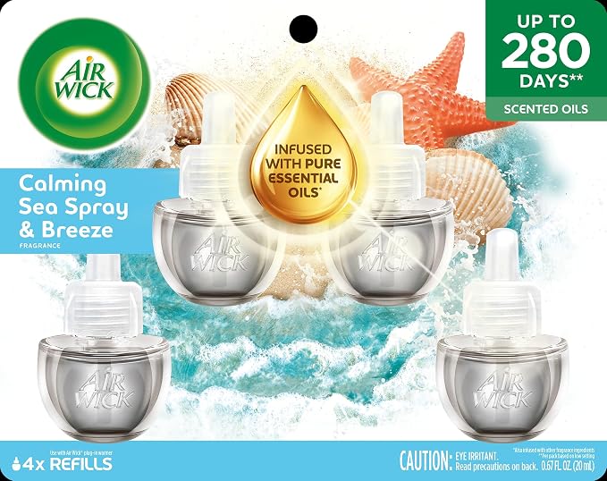 Air Wick Plug-In Scented Oil Refills, 4 Count, Calming Sea Spray & Breeze, Air Freshener, Essential Oils