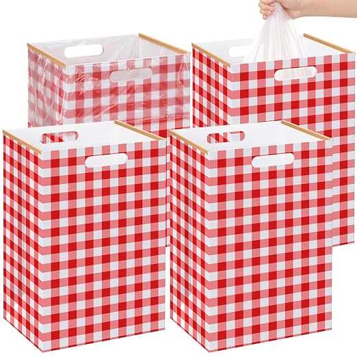 Hushee 4 Pcs 13 Gallon red Plaid Disposable Pop up Trash Cans for Parties | Cardboard Garbage Can with Handles, Trash Bags, Clip, Collapsible Trash Cans, Portable Gingham Trashs Bins for Event, Kitchen