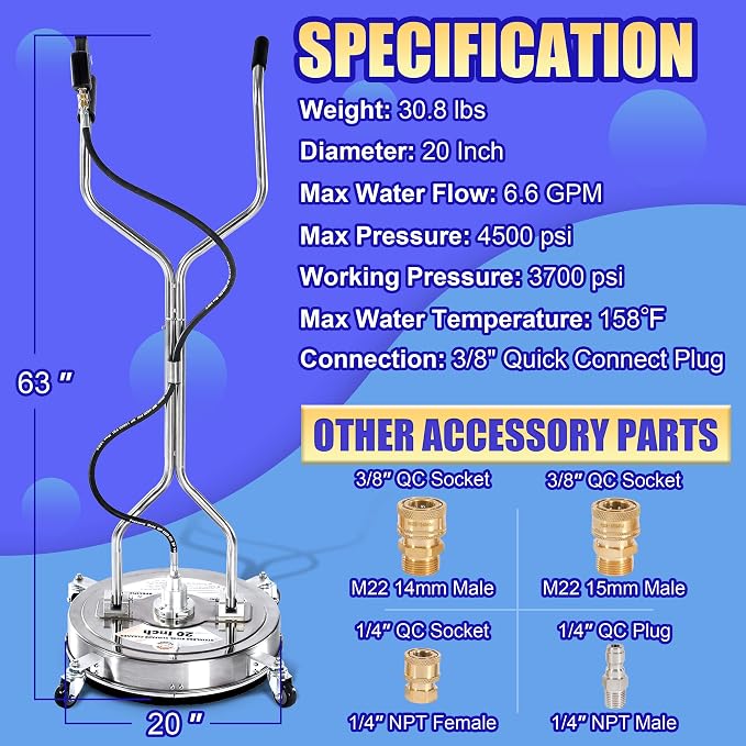 PWACCS 20" Pressure Washer Surface Cleaner with Wheels, Stainless Steel | Dual Handle & 4 Wheels, Power Washer Accessory for Driveway Sidewalk Patio Concrete Cement, 4500 PSI, 3/8" Quick Connect