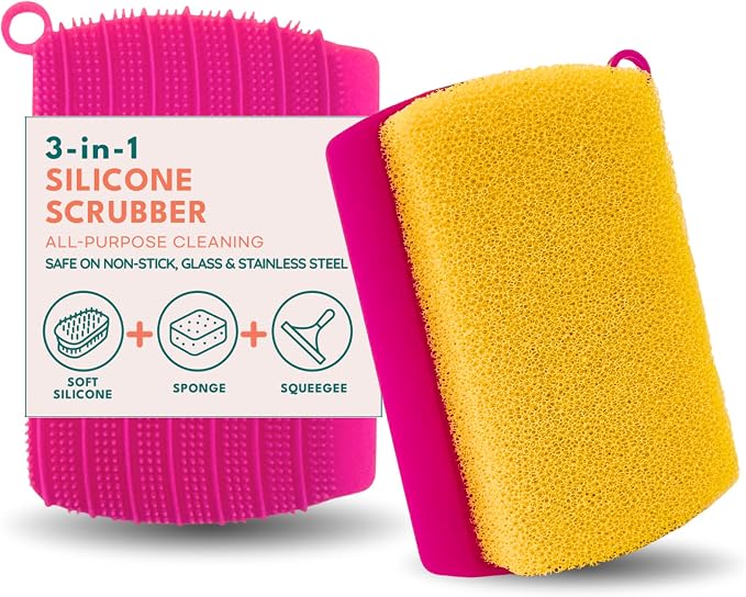 3-in-1 Silicone Scrubber Sponge with Squeegee – Non-Scratch Kitchen Sponge for Dishes, Sink & Bathroom, Quick-Dry, Reusable Cleaning Tool (Pink+Yellow)