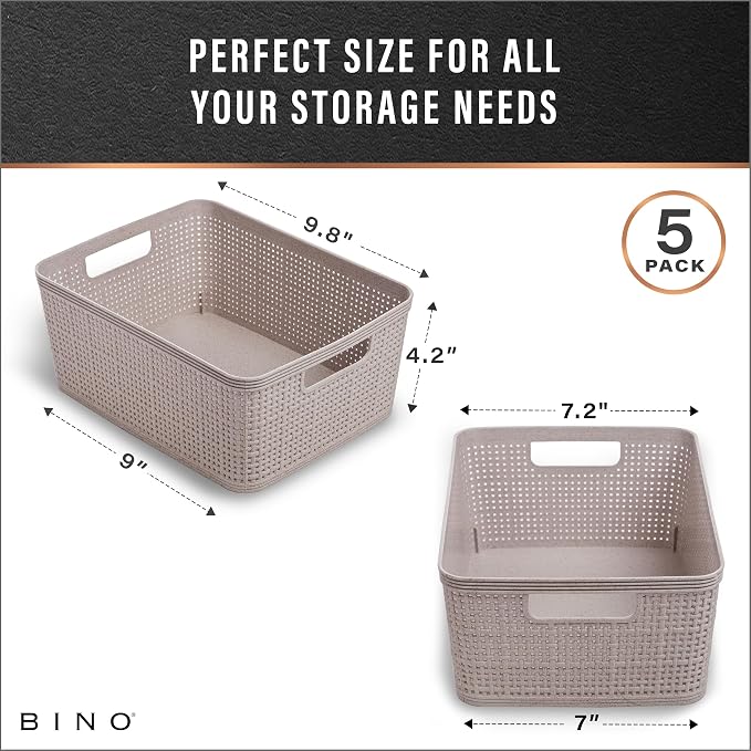 BINO | Woven Plastic Basket | Small (Natural Grey), 5-Pack | THE JUTE COLLECTION | Home Organization, Space - Saving Storage, Stylish Design | Jute Basket | Plastic Storage Basket