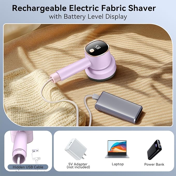 Rechargeable Fabric Shaver, 6-Leaf Blades, LED Display, 3 Speeds | Portable Lint Remover Easy to Remove Pilling, Fuzz & Lint Balls from Clothes, Sweater, Couch, Blanket, Furniture, Coat, Pink