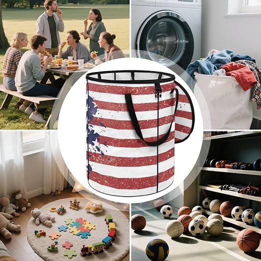 doginthehole 4th of July Decor Collapsible Trash Can with Lid Patriotic American Flag Trash Can 23 Gallon Waterproof Portable Outdoor Waste Bin for Car, Camping, Picnic, Independence Day Decorations