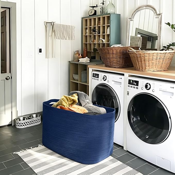 MEGASKET 108L Extra Large Storage Basket, 25"x16"x16" Blue Blanket Basket Living Room, Oversized Cotton Rope Blanket Storage, XXXL Woven Kids Dog Toy Bin Box, Jumbo Laundry Shoes Towel Bin, Navy Blue