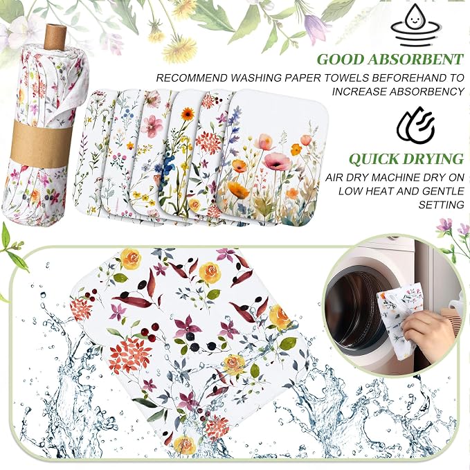 Reusable Kitchen Cloths Cotton Towel, 60 Pack, Wildflowers | Washable 9.84x11.81in, Paperless Towel Rolls Bulk, Cleaning Cloth Napkins for Dishes