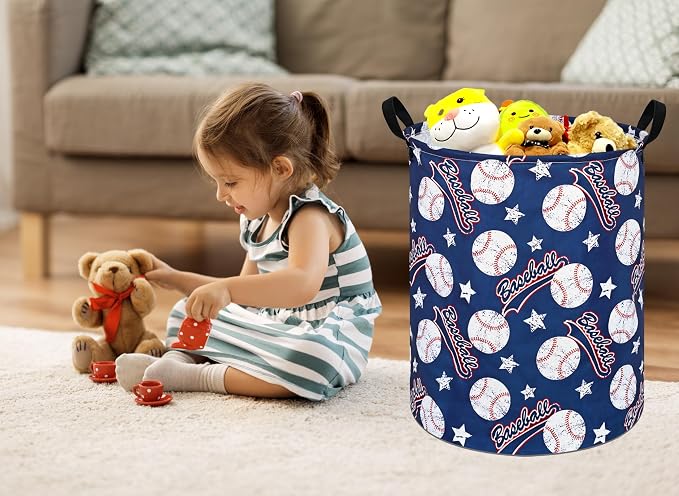 Round Baseball Pattern Laundry Hamper Clothes Storage Basket Fabric Storage Hamper Organization Storage Bin, Nursery Box,Gift Basket with Handles