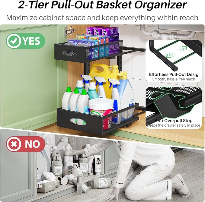 Under Sink Organizer, 2-Pack Pull Out Cabinet Organizer 2 Tier Metal Slide Out Storage Shelf Rack, L-Shaped Adjustable Height,Mesh Sliding Drawer for Kitchen, Bathroom, Laundry, Pantry, Black, XL