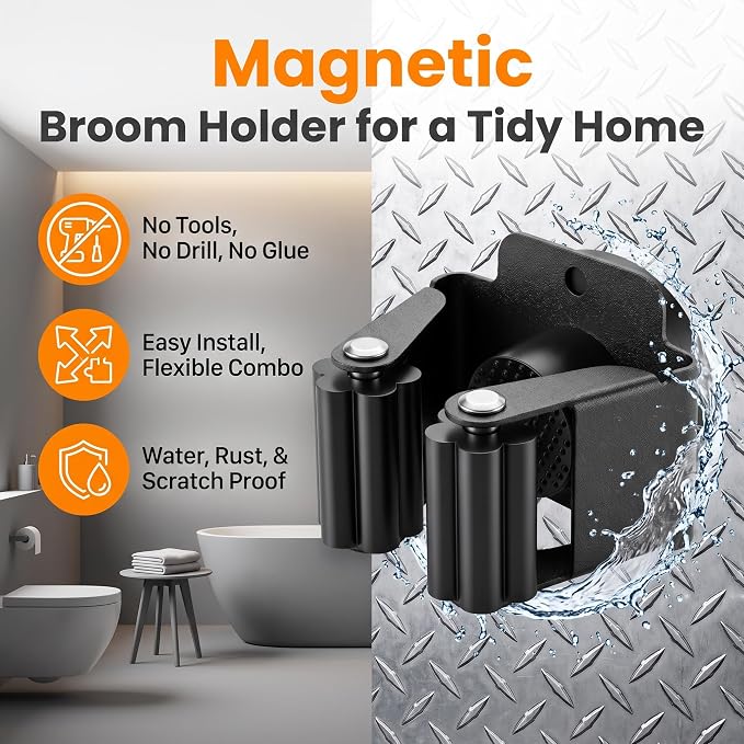 4 Pack Strong Magnetic Broom Holder, Black | No Drill, Heavy Duty Mop and Tool Organizer, Anti-Slip Rubber Grippers, Movable Wall Mounted Storage Rack