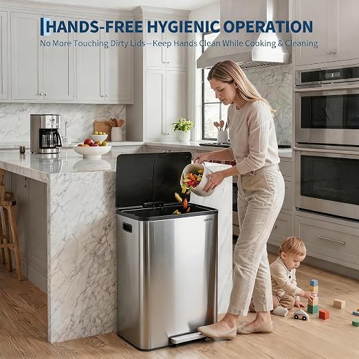 10.5 Gal Dual Compartment Stainless Steel Kitchen Trash Can with Lid, 20L+20L Recycling Garbage Bin, Soft Close Foot Pedal Trash Bin with 2 Removable Inner Buckets, Fingerprint Resistant for Home Offi | 20L+20L Recycling Garbage Bin, Soft Close Foot Pe...