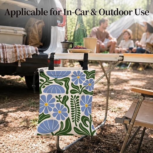 Boho Abstract Flower Car Garbage Bag Canvas Trash Can | Rustic Blue Floral Drawstring Car Trash Bag Hanging for Back Seat with Adjustable Buckle