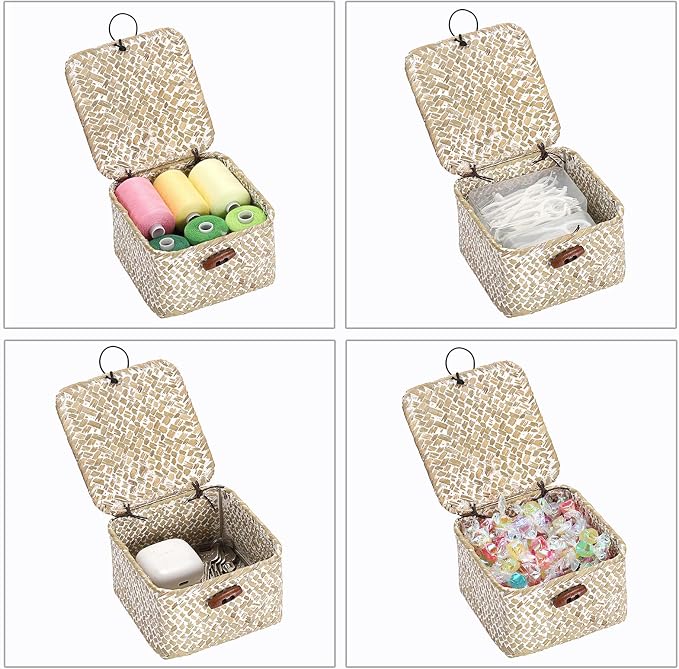 Hipiwe Handwoen Seagrass Basket with Lid Mini Woven Wicker Box,3.5"x3.5"x2" | Decorative Shelf Basket for Bathroom Home Office Organizer, Key Basket Holder for Entryway Table, Whitewash