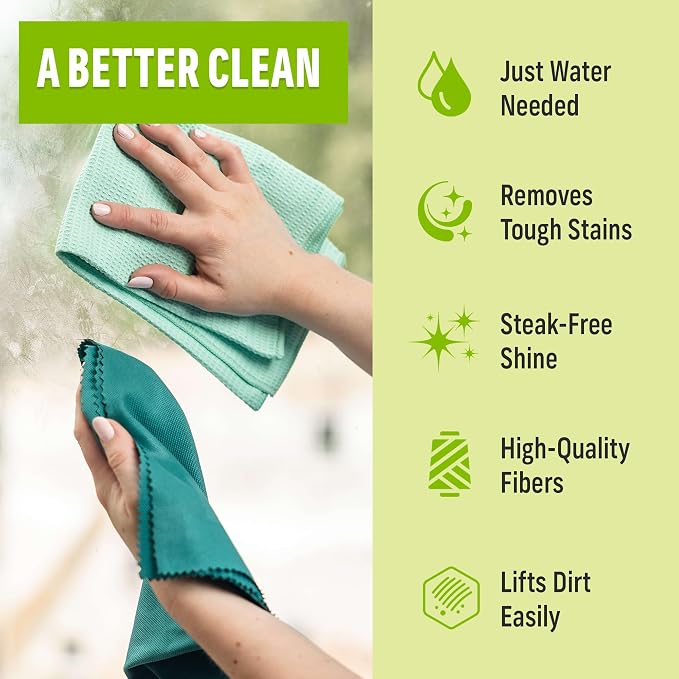 E-Cloth Window and Glass Cleaner Kit, Just Add Water - 2 Kits | Chemical-Free Cleaning - Reusable & Machine Washable Towel, Versatile Use for Mirrors, Cars, & Lenses, Winter Green