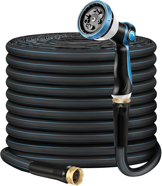 Non-Expanding Garden Hose 100ft – Flexible, Burst-Resistant, Anti-Kink, 10-Function Spray Nozzle, Lightweight & Durable for Outdoor Use(Blue or Green)