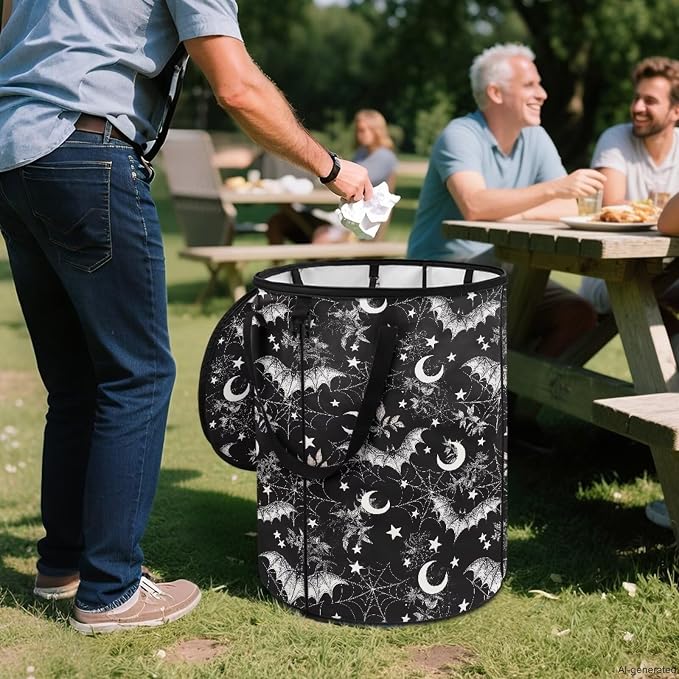 Halloween Bat 24 Gal Collapsible Trash Can w/Lid Waterproof Foldable Garbage Bin for Camping, Backyard & Hiking | Heavy Duty Pop-Up Design Car Camping Gear Holiday Gifts
