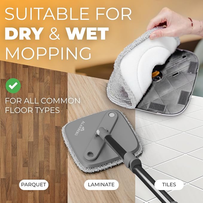 Mop and Bucket Set, Mops for Floor Cleaning, Spin Mop, Gray | Spin Mop With Wringer, Dual Chamber Bucket, Flat Microfiber Mop, 2 Washable Heads, 63 Inch Handle