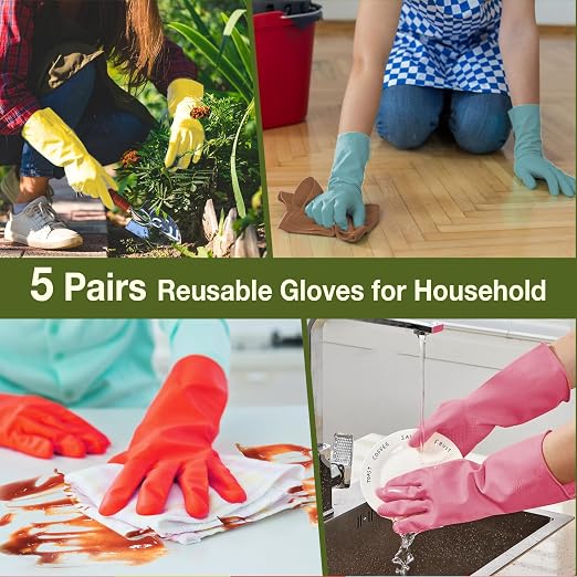 Kitchen Dish Washing Gloves 5 Pairs Rubber Cleaning Reusable Gloves Large | Colorful Dish Gloves, Non-Slip Grip, Household Gloves, 12.6-Inch Cuff, Soft Skin-Friendly Rubber, Multi-Use, Long-lasting
