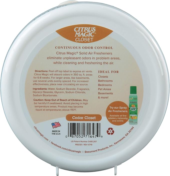 Citrus Magic Closet Solid Air Freshener, Cedar, 8 Ounce, Pack of 3 | Odor Absorber for Closets, Drawers, Laundry Rooms, Bathrooms, Gym Bags & Pet Areas, 24/7 Freshness Up to 45 Days Each