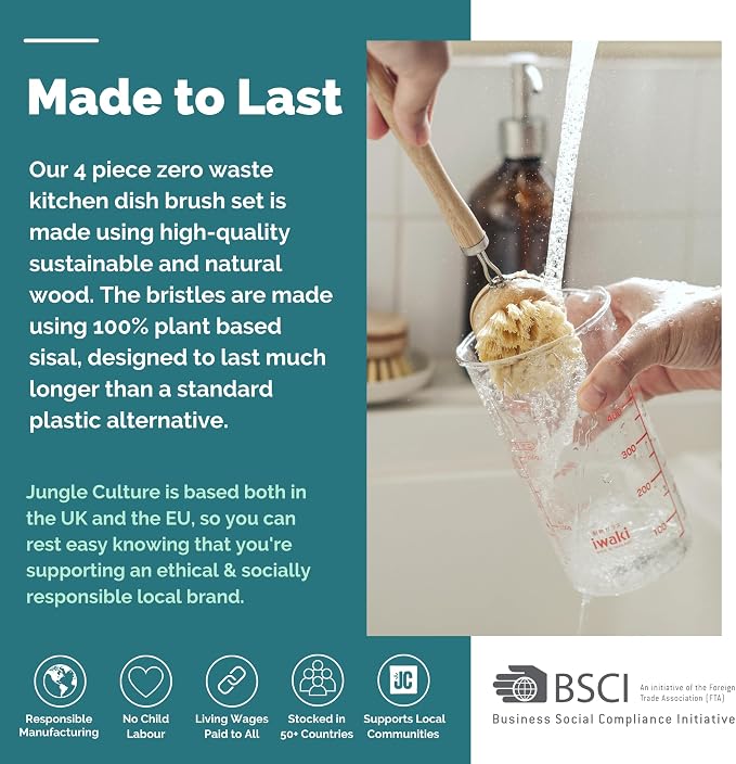JUNGLE CULTURE Bamboo Dish Brush • 3 Swap Heads & Loofah Sponge • 4 Piece | Non Toxic Plastic Free Kitchen Brushes for Pots, Pans, Cast Iron, Jars & Vegetables • Natural Fiber Bristles