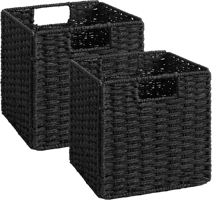 StorageWorks 9 inch Cube Storage Bins, Wicker Storage Cubes, Black Basket | 2-Pack, Handwoven Wicker Basket for Storage, Foldable Paper Rope Baskets for Organizing, Black Storage Bins,Cube Storage Bins