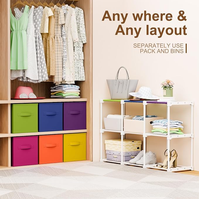 Briwooody 6 Cube Storage Organizer Bins with Shelf, Multicolor | 11x11'', Storage Organizer, Toy Storage Box, Back to School, Dorm Organizer, Fabric Drawers, Playroom Bedroom Storage Cabinet