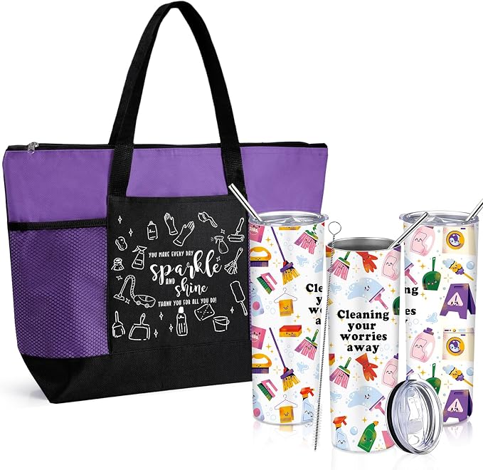 Sieral Housekeeping EVS Week Appreciation Gift, Housekeeper, Purple | Insulated Tumbler 20oz & Large Tote Bag Set for Women Custodian School Healthcare Cleaning Crew House Cleaner Maid Janitor