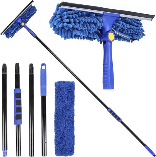 2-in-1 Window Squeegee with 60” Extendable Pole | Rotatable Glass Cleaner Tool for Commercial and Residential Use, 2 Reusable Sleeves and 14” Blade