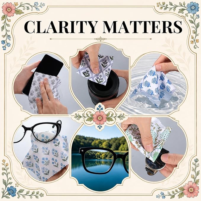 Copkim 24 Pcs 6 x 6 Inch Glasses Cleaning Cloth,Block Print | Elegant Flowers Design, Block Print Multicolor Microfiber Lens Wipe, Reusable Eyeglasses Wipe, Camera Len Cell Phone Screens