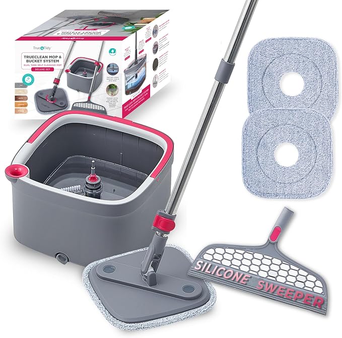 True & Tidy True Clean Spin Mop & Bucket System – Dual Compartment Design for Clean & Dirty Water, 360° Swivel Mop Head, Built-in Scrubbing Brush, Stainless Steel Handle & 2 Reusable Microfiber Pads