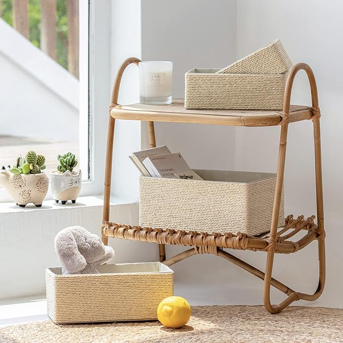 LA JOLIE MUSE Bathroom Basket Organizers, Paper Rope Storage, Beige 4 Pack | Stackable, Sturdy Lined Woven Basket, Organizer for Toilet Paper, Laundry Room Essentials, Shelves and Nightstand Drawers