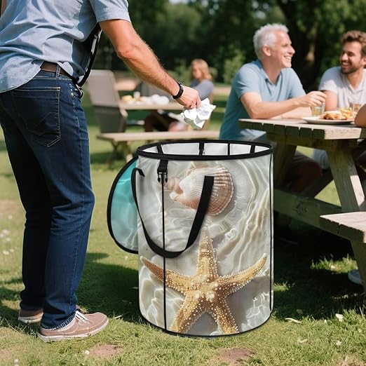 doginthehole Seaside Starfish Shells Trash Cans for Bathroom with Lid Decorative Collapsible Garbage Can Bags Waterproof Lightweight Outdoor Waste Bin for RV's Camping Picnic Beach Easy to Storage