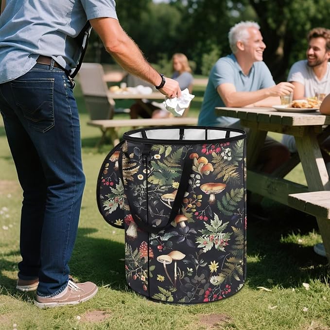 Leaves Mushroom Outside Garbage Can with Lid 24 Gallon Collapsible Trash Can Easy to Clean Pop-Up Storage Bag for Outdoor Parties Foldable Reusable Trash Bin Camper Must Haves
