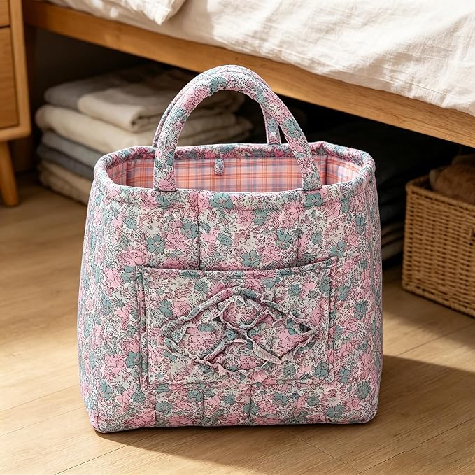 Boho Fabric Storage Basket Quilted Floral Print Baskets Organizer Bin with Handles for Home, Picnic, Shopping (B-Pink, 31cm*27cm*26cm)