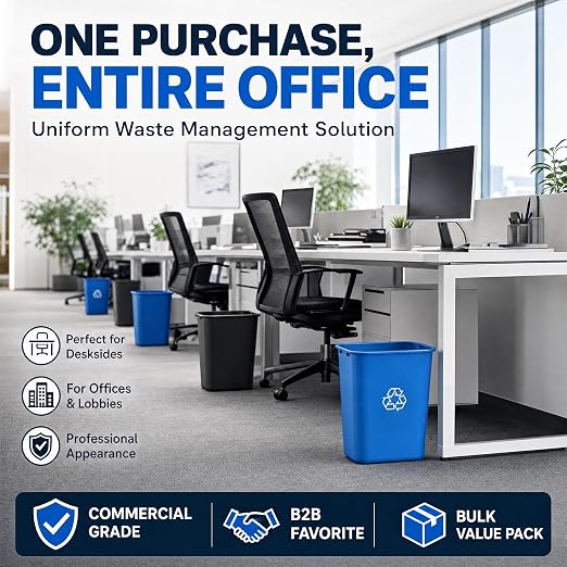 10 Pack, Recycle Wastebasket, 28 Qt. / 7 Gallon Rectangular Wastebasket / Trash Can Kit - Space Saving Recycling Bin, Narrow Spaces in Commercial, Kitchen, Home, Office, and Dorm - Black and Blue