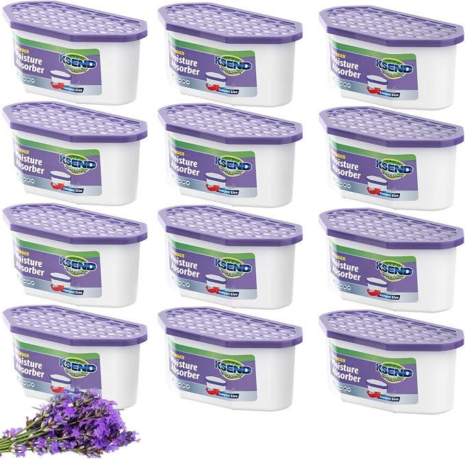 Ksend Moisture Absorber, 12 Pack Bucket, Lavender Scent | Closet, Compact Dehumidifier Box, Odor Eliminator, Humidity Absorber, Purple, 6.4 OZ, 300 ml