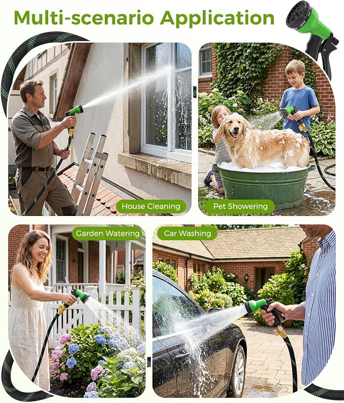 100ft Garden Hose，Non-Expandable Water Hose with 8 Function Spray Nozzle, Burst-Resistant，Kink-Free，Lightweight，Durable & Flexible 3/4" Garden Hose for Gardening, Yard，Lawn, Car Washing