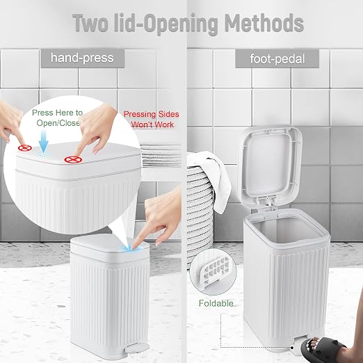 Small Bathroom Trash Can with Lid, 1.9 Gallon Slim Soft Close Step, White | Garbage Can with Pedal for Office, Bedroom, Kitchen & Living Room, Narrow Plastic Wastebasket Container for Small Spaces