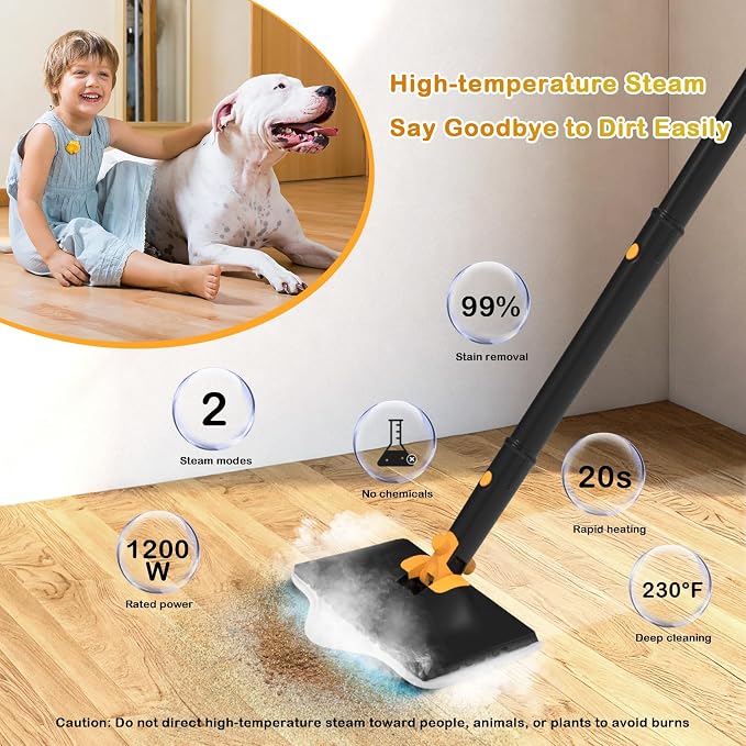 GHORA Steam Mop, All-in-one Handheld Steam Cleaner with 13 Attachments, 23FT Cord, 11.83OZ Removable Tank, Adjustable Height Steam Mops for Floor Cleaning, Hardwood Floors, Carpets, Tiles, Windows