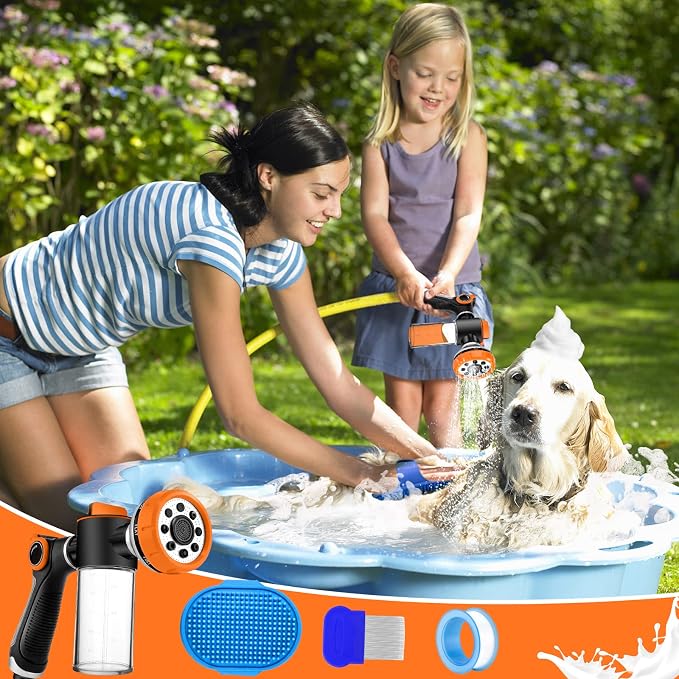 Upgrade Dog Washing Hose Attachment Soap Dispenser | Dog Wash Hose Attachment with Pet Bath Brush | Car Wash Mitt | Dog Comb for Showering Pet (Hose Not Include)