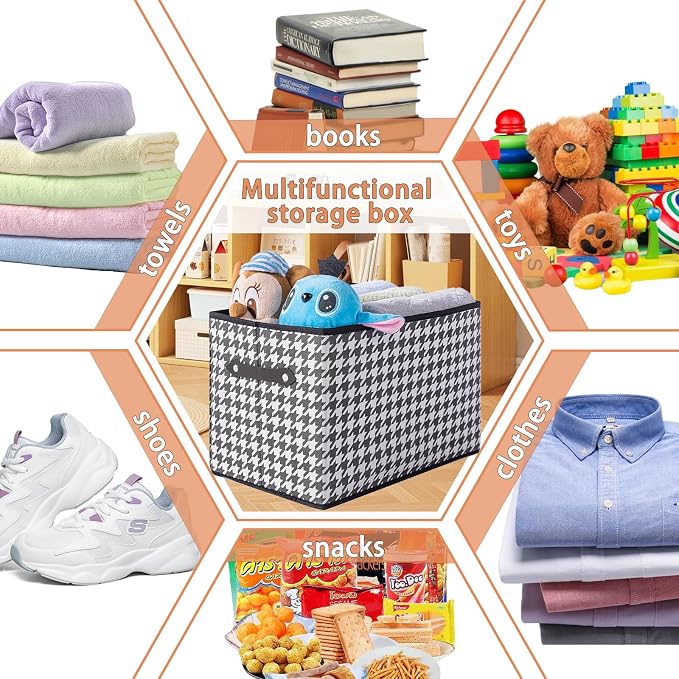 3 Pack Large Collapsible Storage Baskets for Shelves,14.9"x9.5" Fabric Closet storage Boxes with Leather Handles,Decorative Organizers Storage Bins for Clothes,Sheets,Toys,Books,(Houndstooth