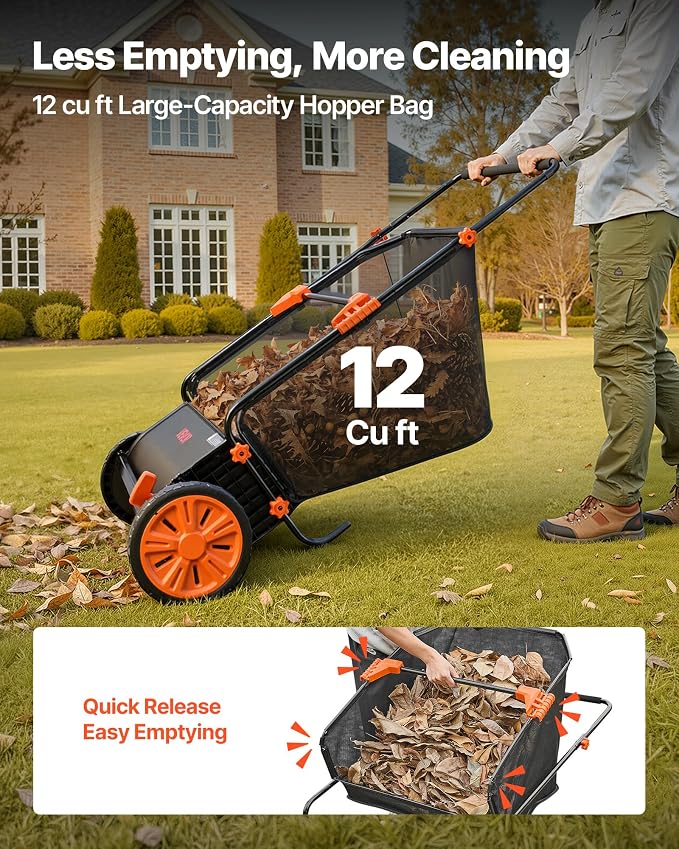 VEVOR Push Lawn Sweeper 30 in Leaf & Grass Collector 12 cu. ft. Hopper Bag | 10-Level Height Adjustable V-Shaped Brushes, Heavy Duty Yard Sweeper for Leaves, Grass Clippings & Pine Needles
