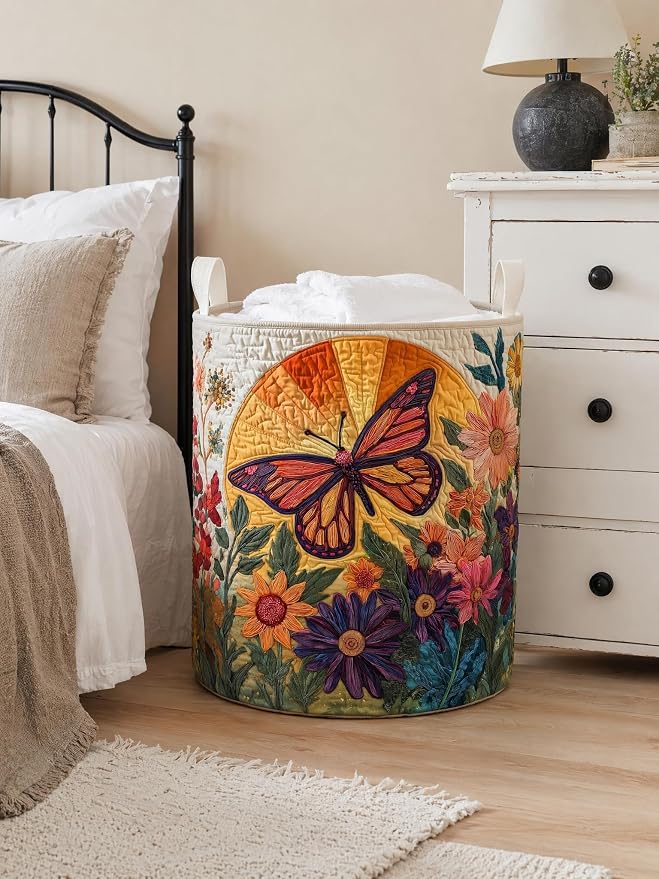 Quilted Laundry Basket with Handles, Boho Floral Quilted Storage Hamper, Large Capacity Laundry Hamper for Nursery Bedroom Laundry Room Home Decor (Pattern 05, Small (18"H x 14"W x 14"L))