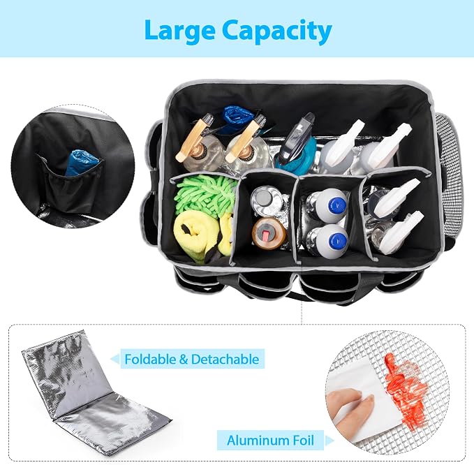 HODRANT Extra-large Wearable Cleaning Caddy with Pad, Handle & Divider | Cleaning Organizer Bag for Clean Products, Housekeeper Tote Car Wash Tools Bag for Detailing Supplies, Bag Only, Gray Edge