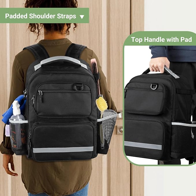 HODRANT Cleaning Backpack with Bottom Plate & Waterproof Bottom | Large Supplies Bag with Multiple Pockets for Housekeeping Tools, Cleaning Products Caddy Organizer for Home & Car, Bag Only