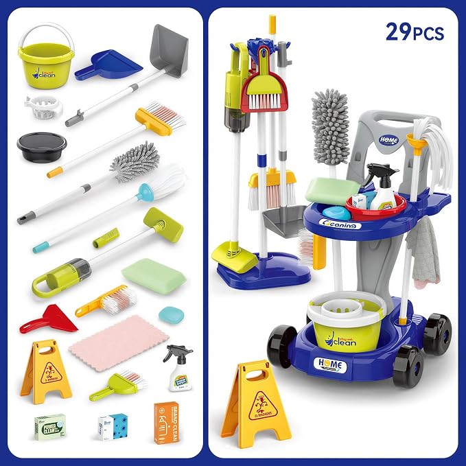 Toddler Cleaning Toy Set,New 29 - with Vacuum Cleaner,Broom & Mop,Ages 3-5 | Piece Detachable Kids Cleaning Set for Kids - for Pretend Play Educational Cleaning Carts Boy and Girls 3-5 Years Old （Blue）