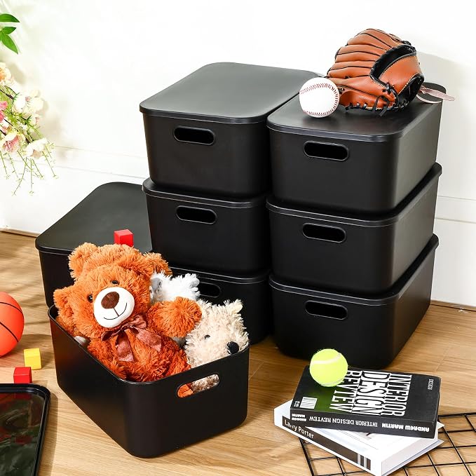Hoolerry 8 Pack Storage Bins, 13.8 X 9.8 X 5.9 Inch Black | Plastic Stackable Containers with Lid Handle, For Shelves Desktop Playroom Office, Organizing Toys Books Supplies Storage