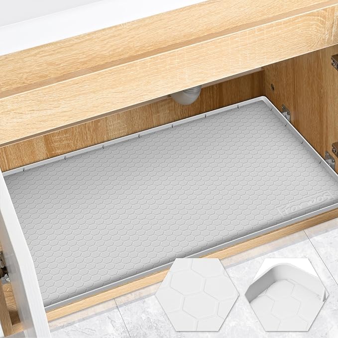 Silicone Under Sink Mat 22"x19", Waterproof Cabinet Liner, LightGrey | Shelf Liner, Cabinet Protector, Home Organizer, for Kitchen, Bathroom, Multipurpose, Leak Proof, Easy Clean, Drip Tray, Clean