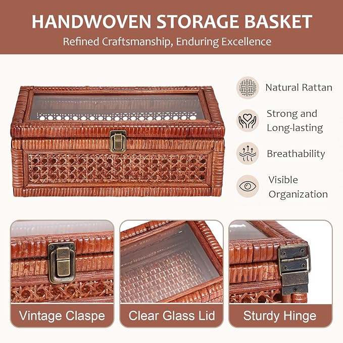 Hipiwe Rattan Storage Box with Lid Vintage Wood and Cane Display Box, Brown | Decorative Shelf Basket for Home Decor, Rectangular Basket Organizer Bin for Bathroom, Kitchen Countertop
