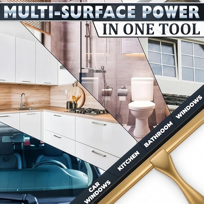 Stainless Steel Shower Squeegee, Glass, Silicone, 12 Inch (Gold) | Shower Door Squeegee with Silicone Blade, Adhesive & Hanging Hooks for Mirror, Tile, Window, Car, Multi-Surface Everyday Use